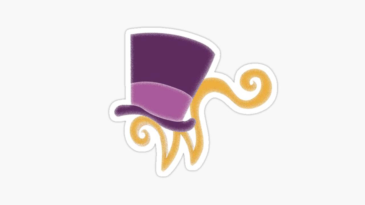 Willy Wonka's top hat with gold Wonka "W" design in the background