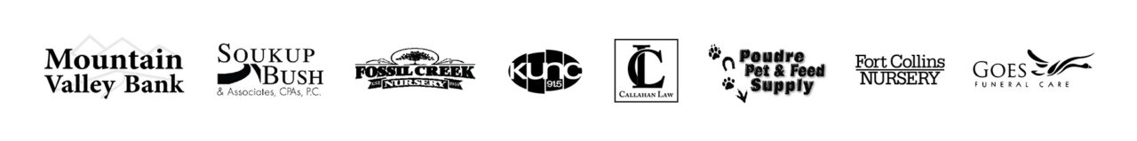 Sponor logos: Mountain Valley Bank, Soukup Bush, Fossil Creek Nursery, KUNC, Callahan Law, Poudre Pet and Feed Supply, Fort Collins Nursery, andGoes Funeral Care.