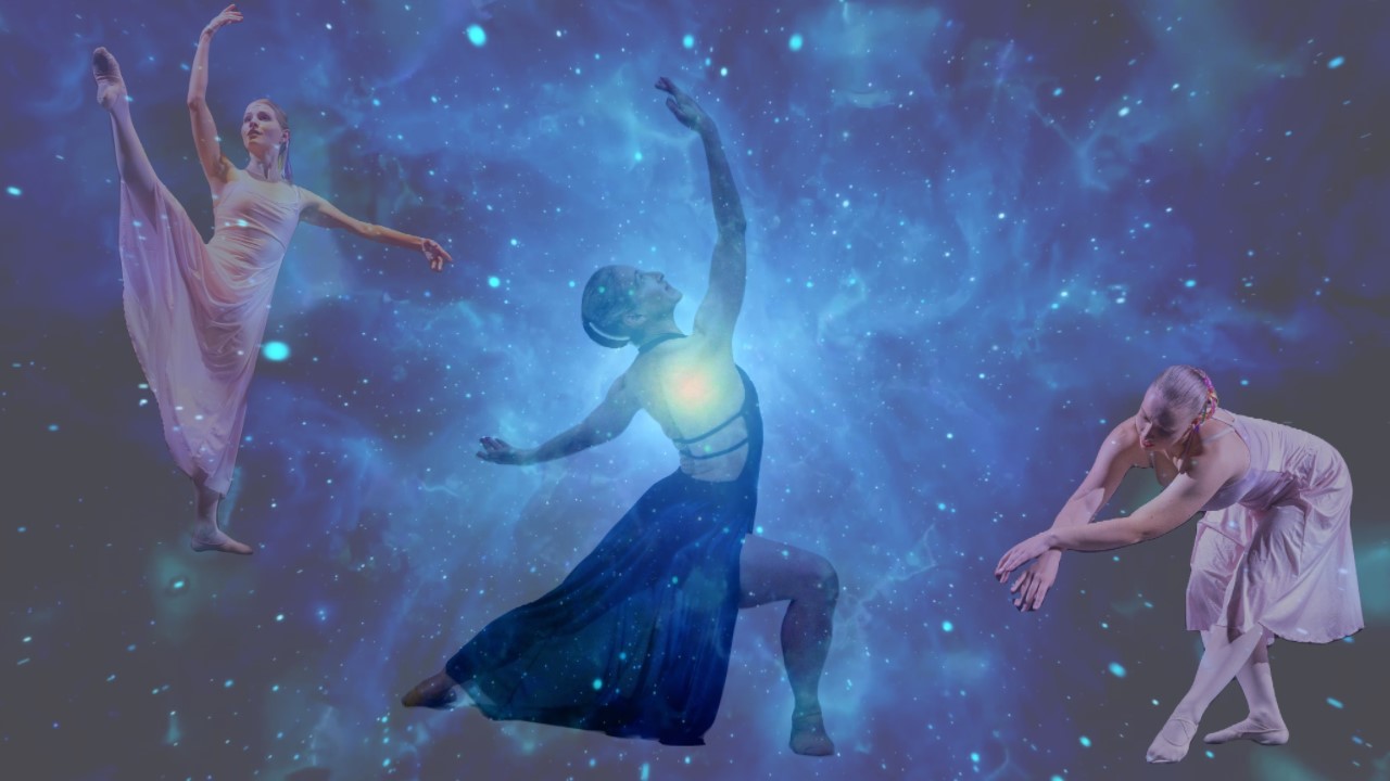 A starry night sky framing three female dancer figures