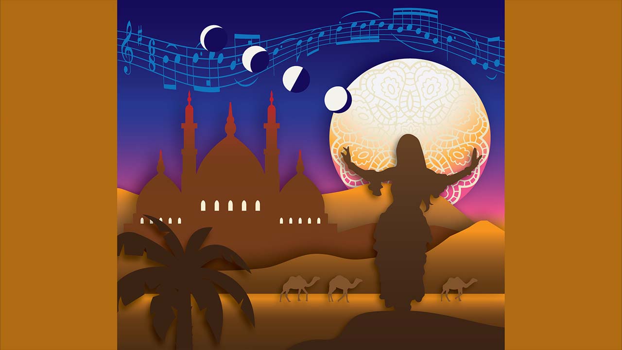 A desert scene at sunset. There is music notation and a giant moon in the sky, an Arabian castle in the distance, and a woman dancing in the moonlight.