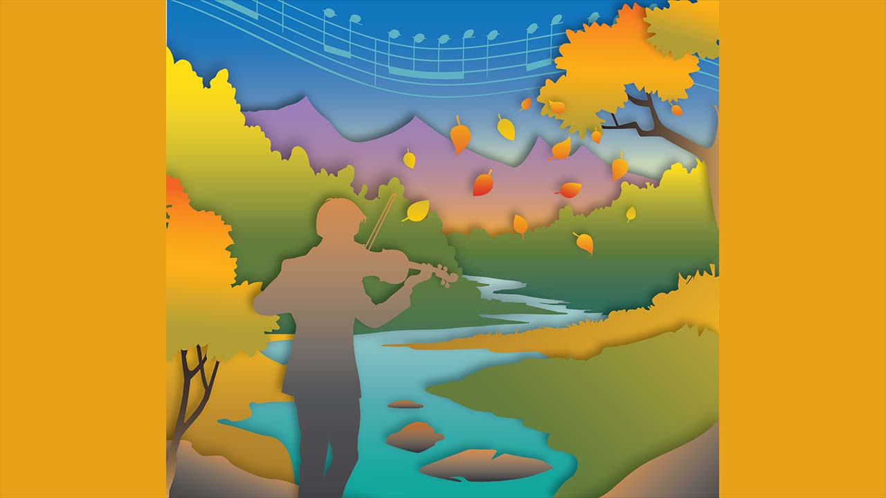 An autumn scene with music notes in a bright sky and mountains in the distance. The silhouette of a man plays violin next to a river with leaves falling around him.