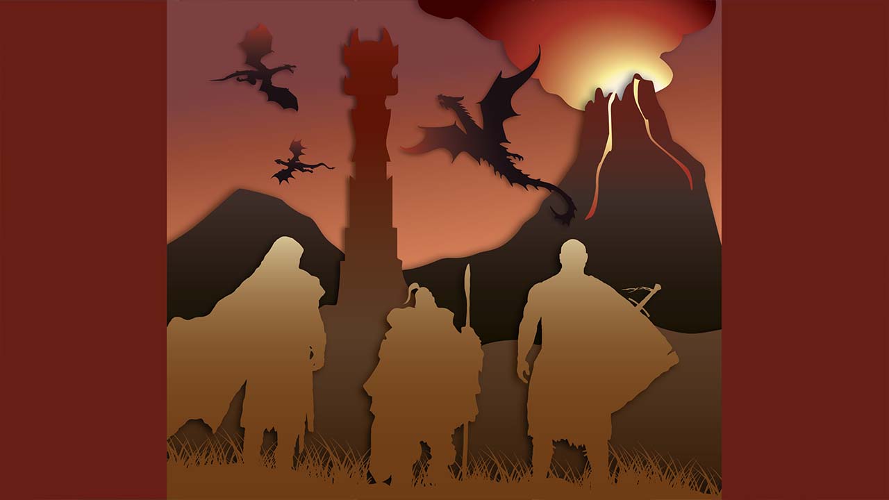 Three figures stand looking into the distance, where they see a volcano and an imposing tower with dragons flying around it.