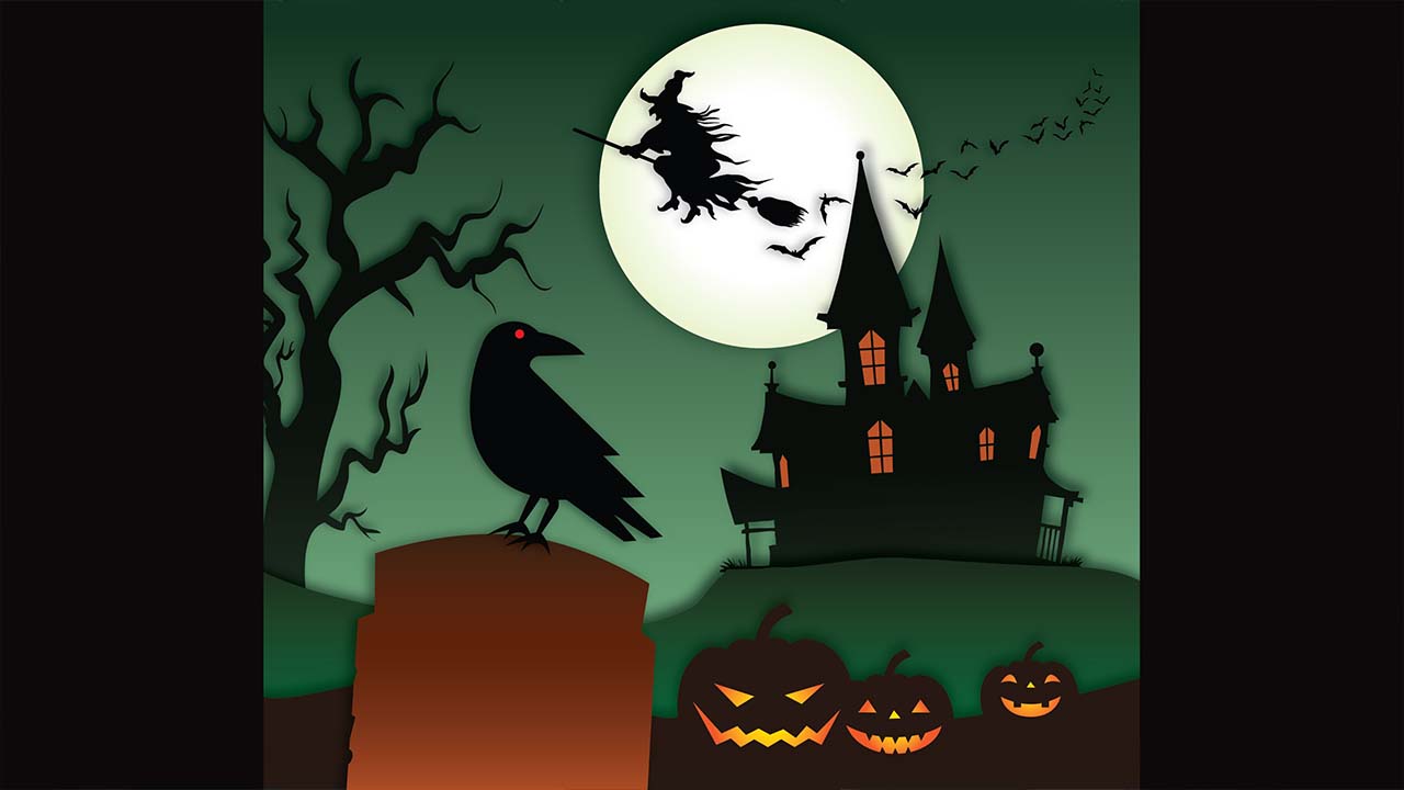 A graveyard at night with a haunted house in the distance. A witch and bats fly in front of a full moon. Jack-o-lanterns and a raven standing on a gravestone are in the foreground.