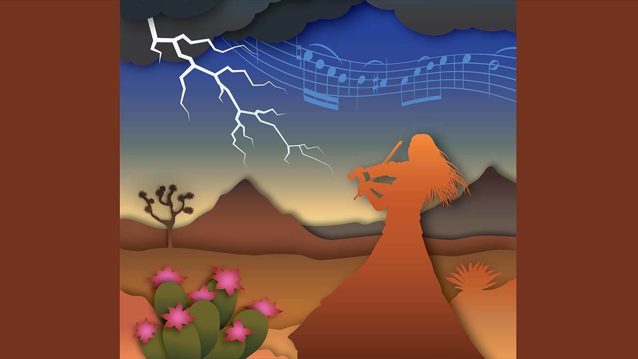 A desert with a lightning storm above it. Lightning and music notes come from dark clouds while a woman plays the violin in the foreground next to a cactus with bright pink flowers.