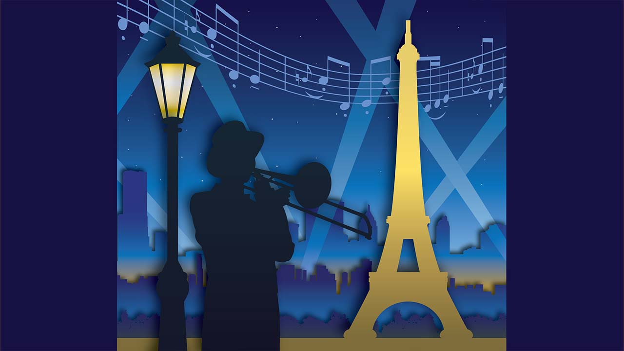 The Paris skyline at night with a brightly lit Eiffel tower. Music notes and spotlights in the distance. The silhouette of a man wearing a hat and playing the trombone is in the foreground beneath a dark street lamp.