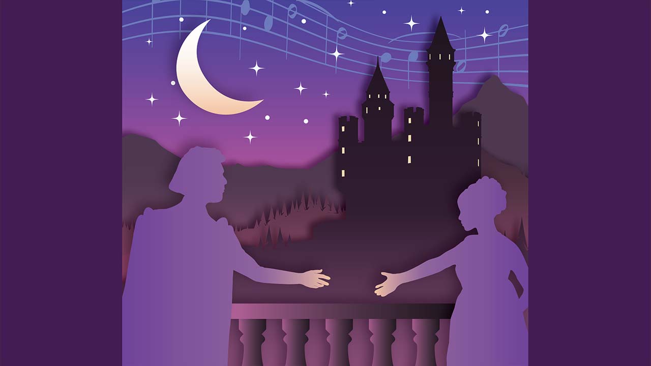 Two figures reaching towards each other on a balcony with a castle, mountains, and a starry sky in the background. A crescent moon, music notes, and stars are in the sky.
