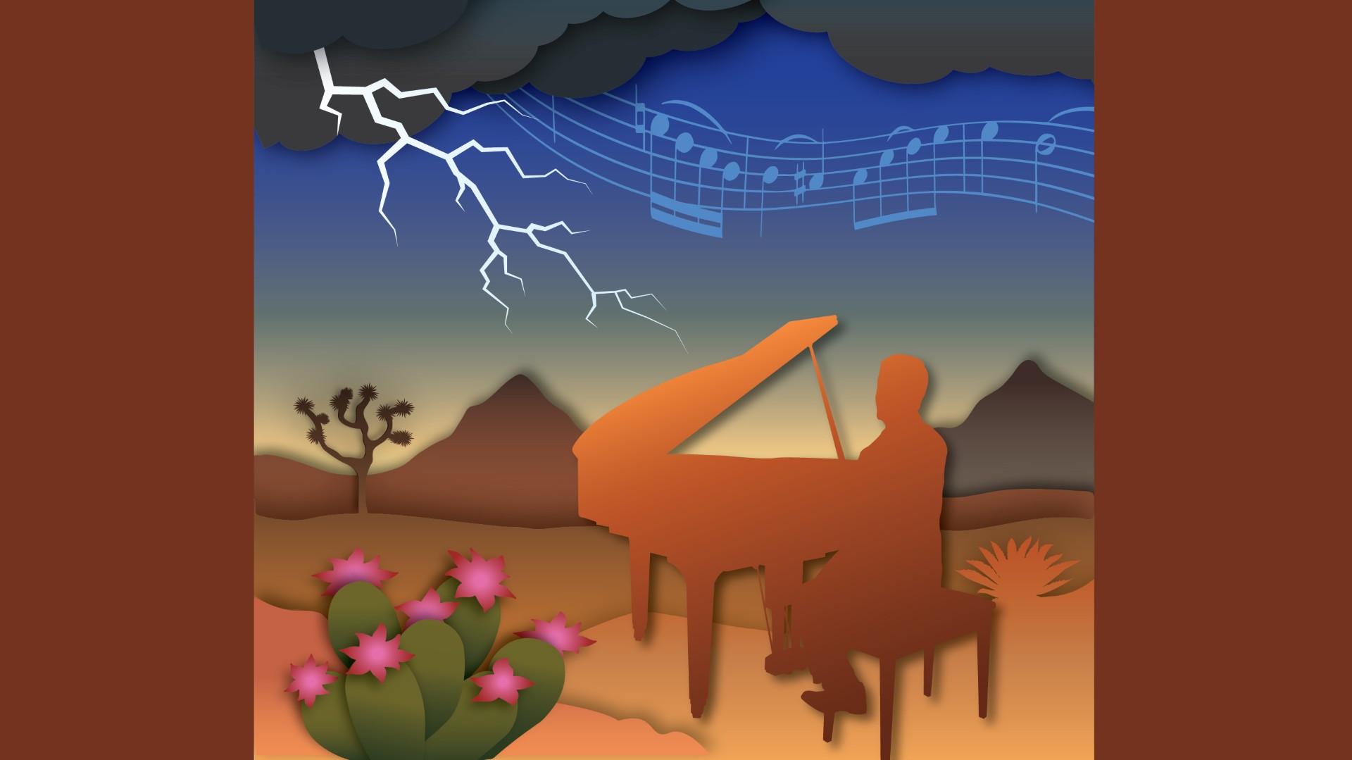 A desert with a lightning storm above it. Lightning and music notes come from dark clouds while a man plays the piano in the foreground next to a cactus with bright pink flowers.
