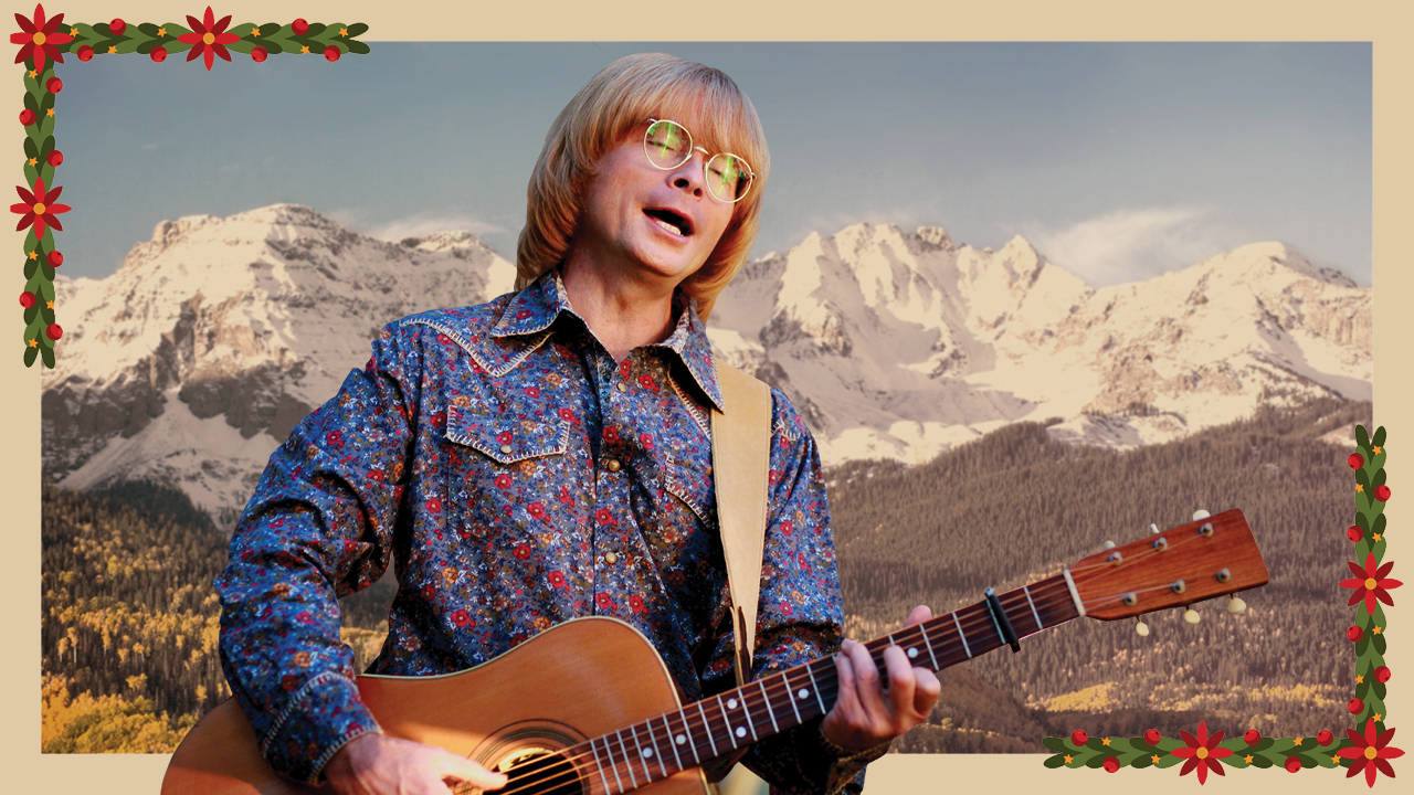 Singer Rick Schuler as John Denver holding a guitar, superimposed on a backdrop of snow-capped Rocky Mountains