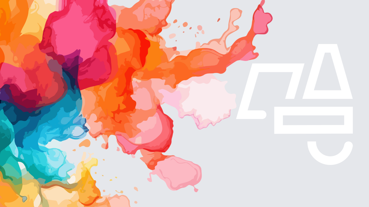 Colorful ink blots next to a white abstract logo