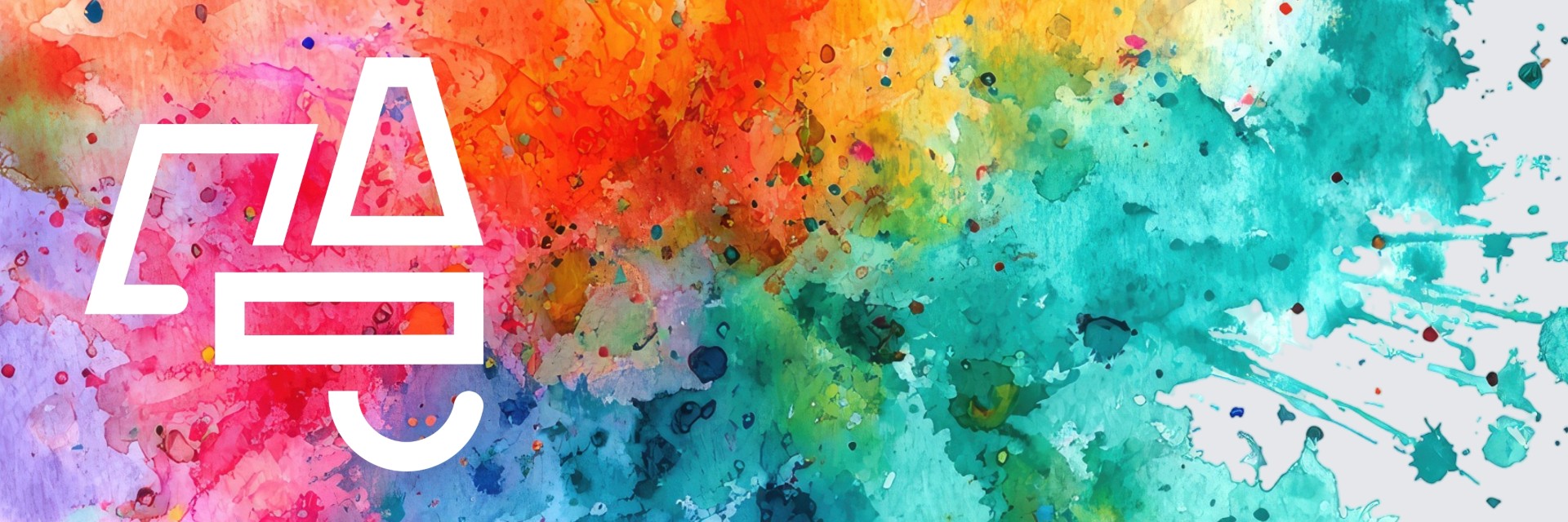 White OpenStage logo over splashes of rainbow paint