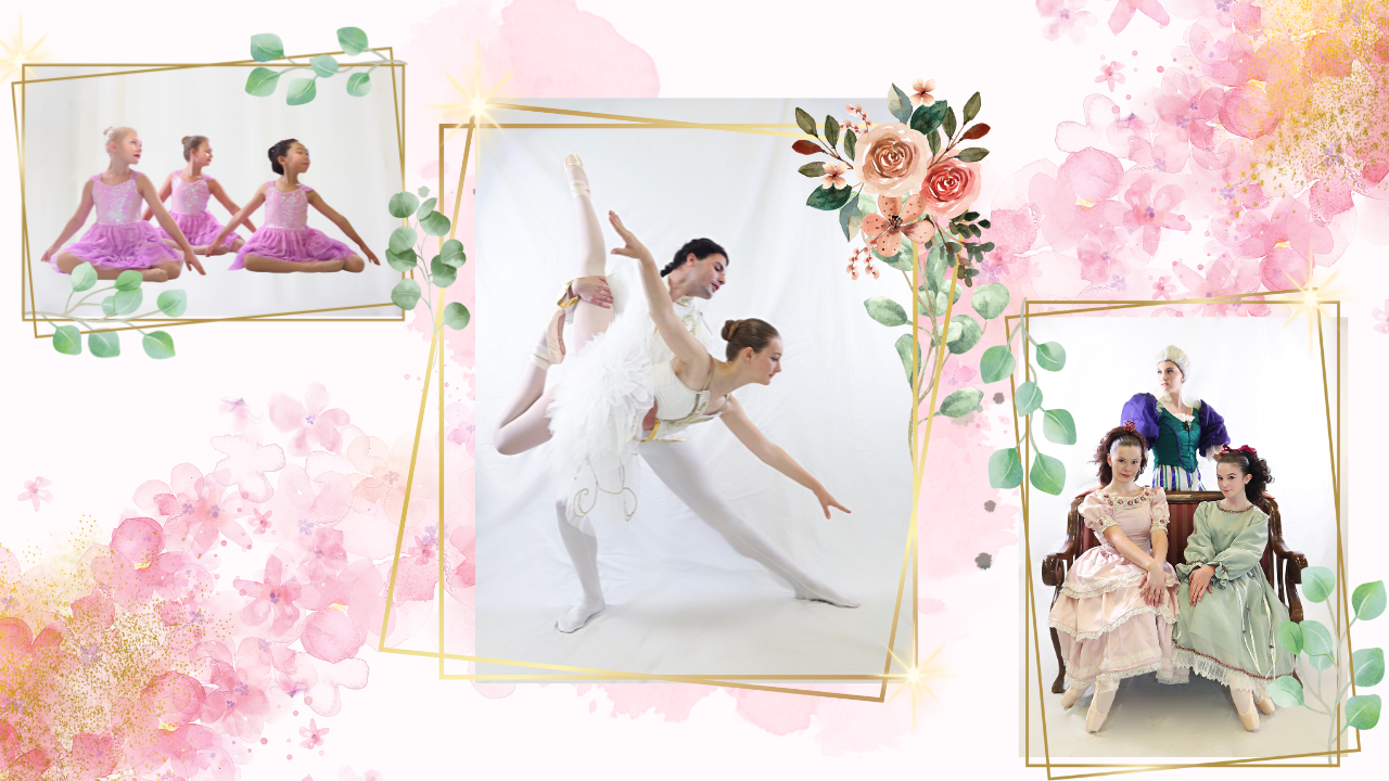 Photos of ballet dancers in multiple poses representing scenes from Cinderella.