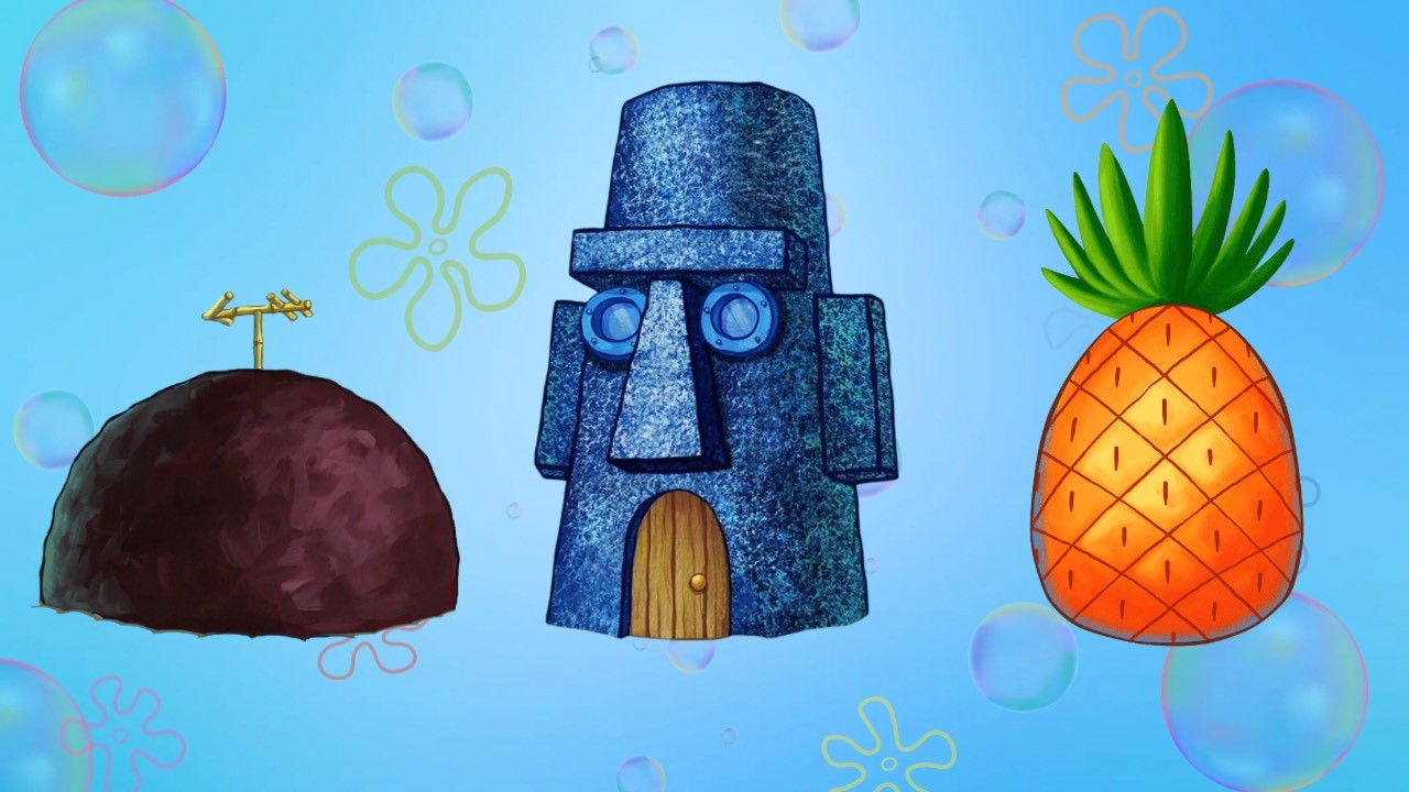Cartoon collage of Squidward's house, pineapple, and coconut