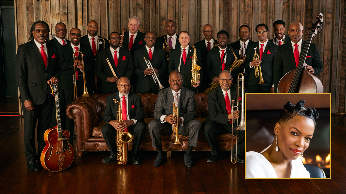 The Count Basie Orchestra poses for a picture with their instruments.