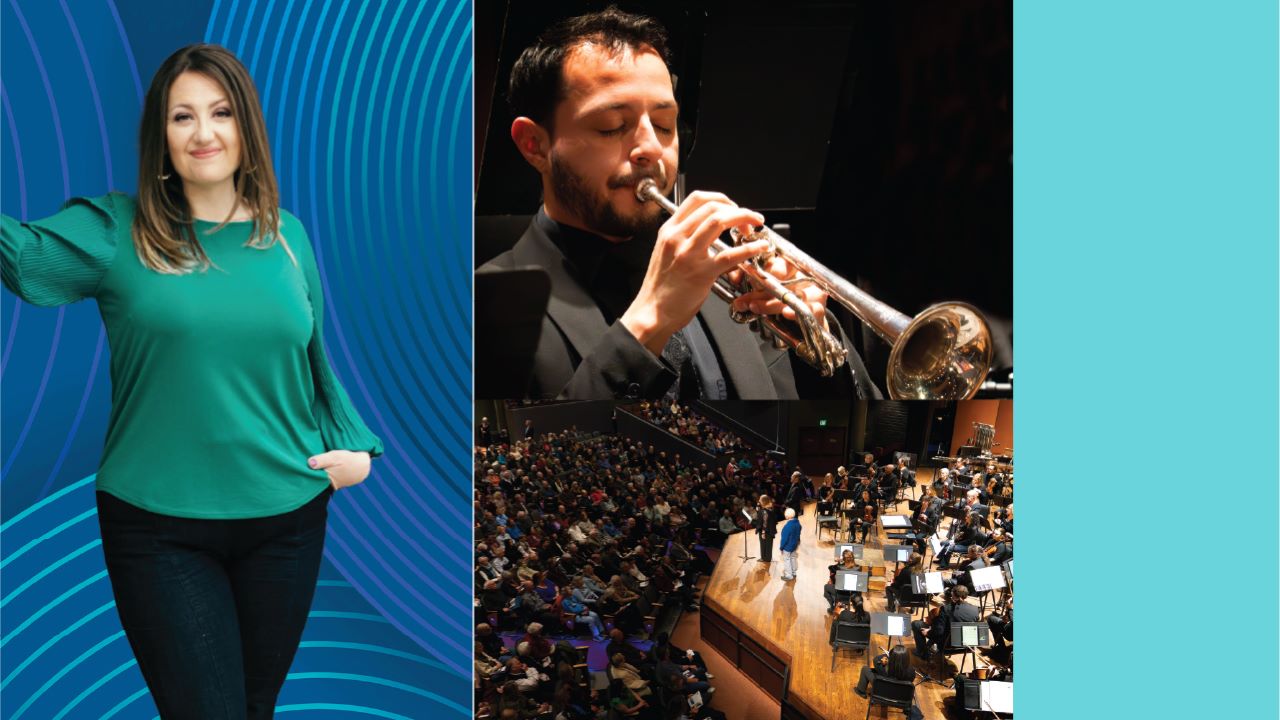 Photo collage of a woman posing for the camera, a man playing the trumpet, and a shot of the stage and audience.