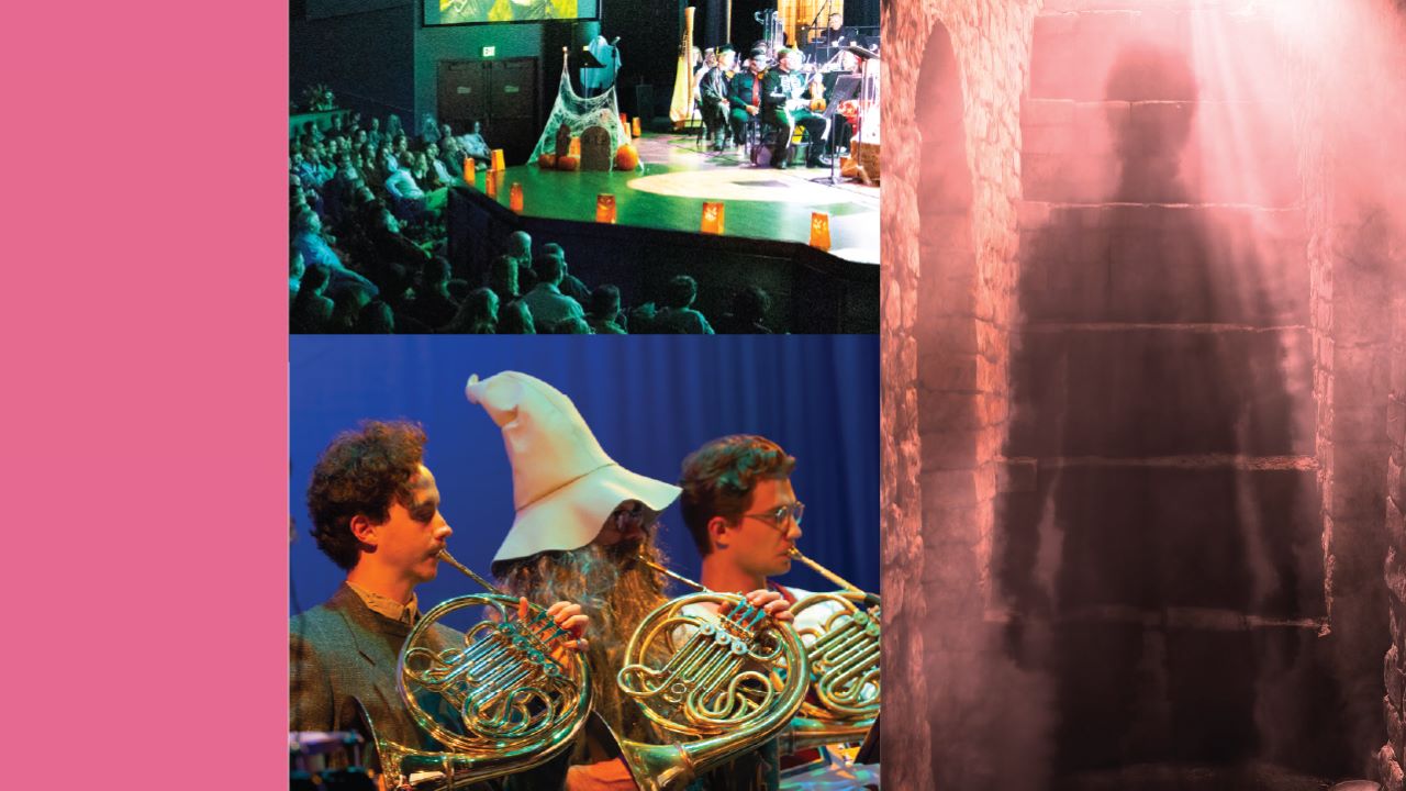 Photo collage of a man behind a shower curtain, 3 symphony members in costume playing the French horn, and a shot of the stage and audience.