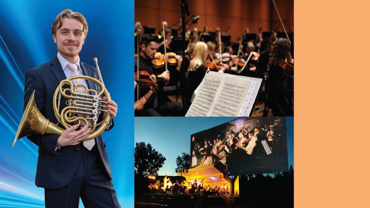 Photo collage of a man holding a French horn, musicians in the orchestra, and an outdoor movie screen with symphony members on screen.