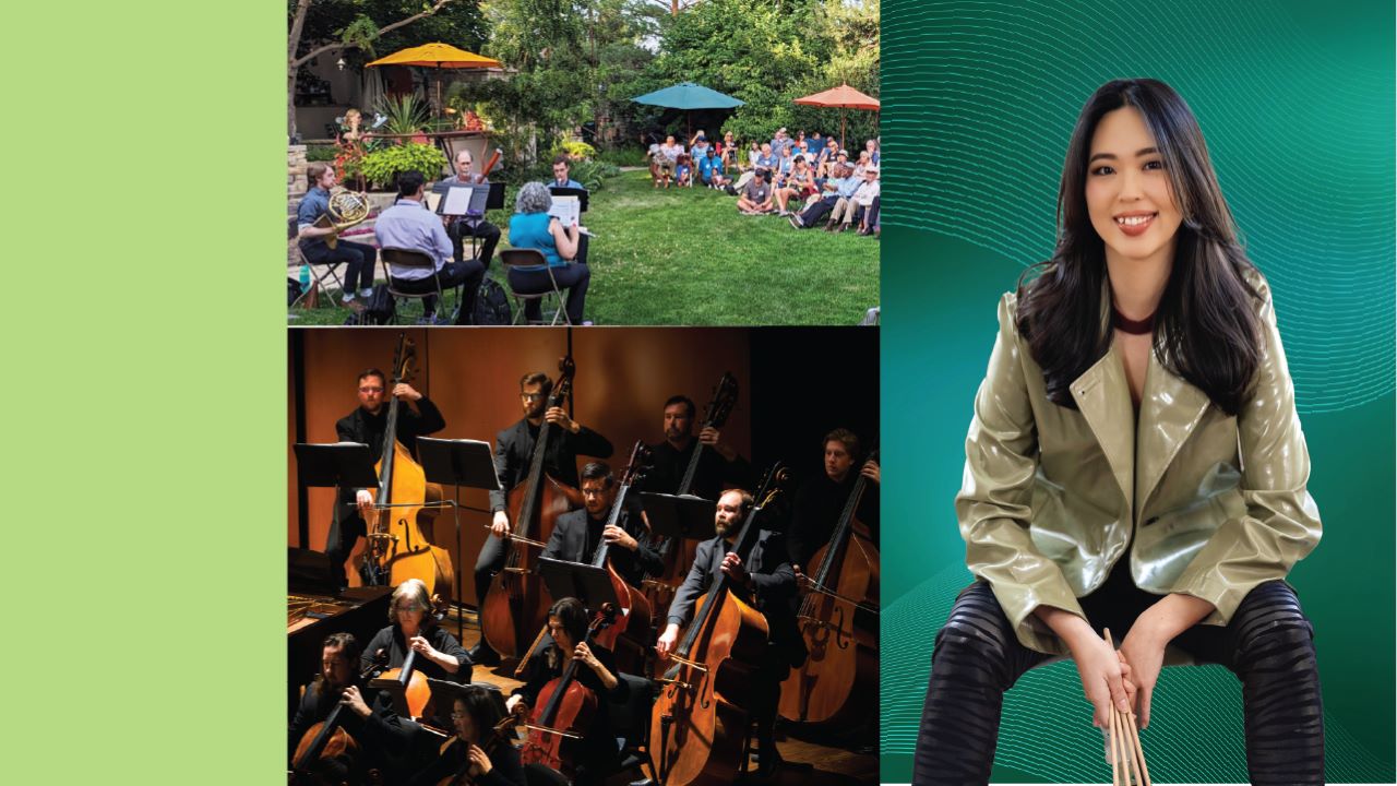 3 separate images. 1st image is musicians playing outside in front of guests. image 2 is a group of musicians playing in a concert. 3rd image is a picture of marimba solosit Ji Su Jung.