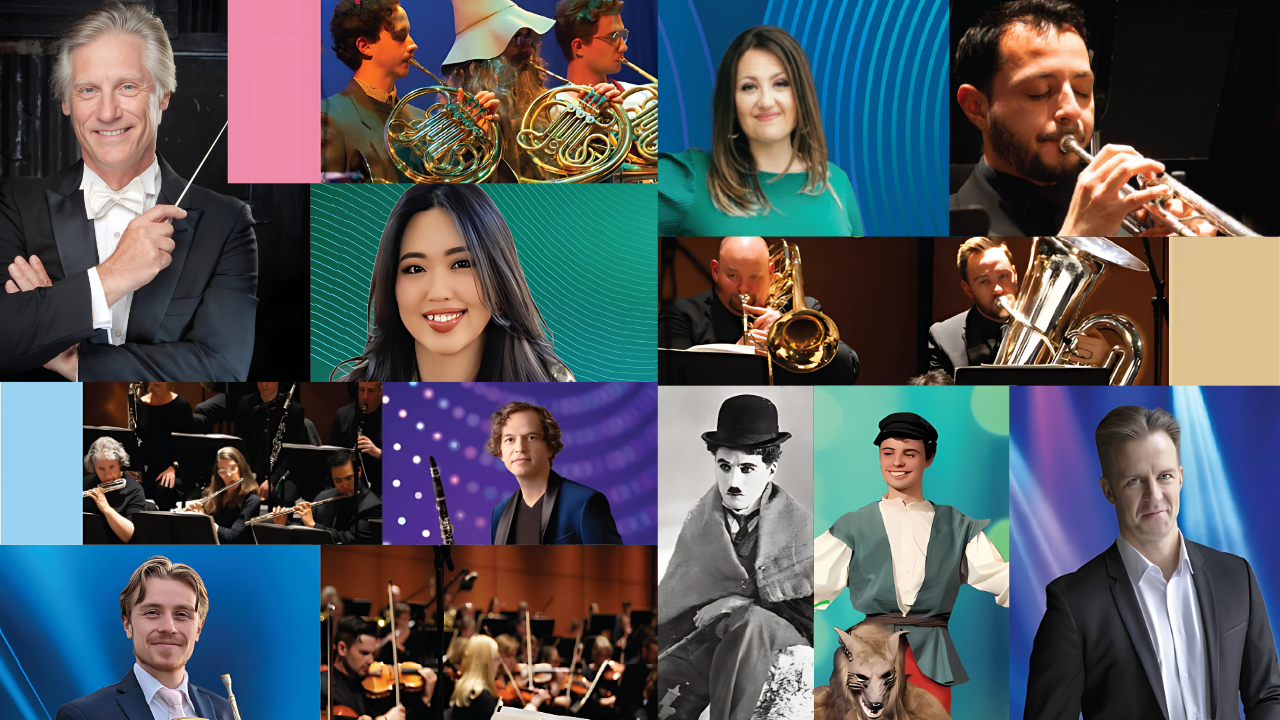Collage of musicians with brightly colored backgrounds