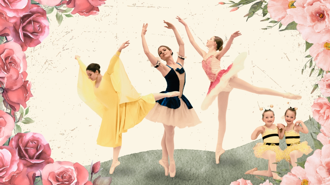 Three ballet dancers on pointe surrounded by Roses, and two young dancers dressed as bees in the lower right corner.