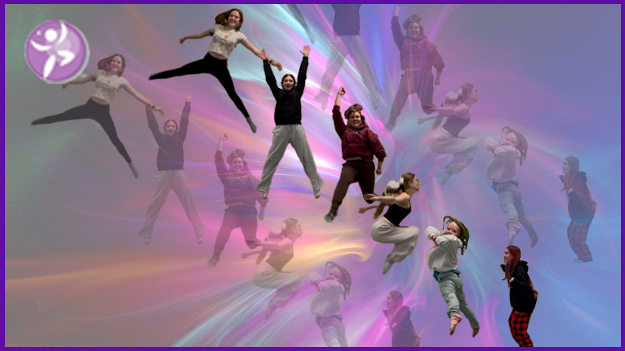 Children jumping and dancing with a rainbow pastel background