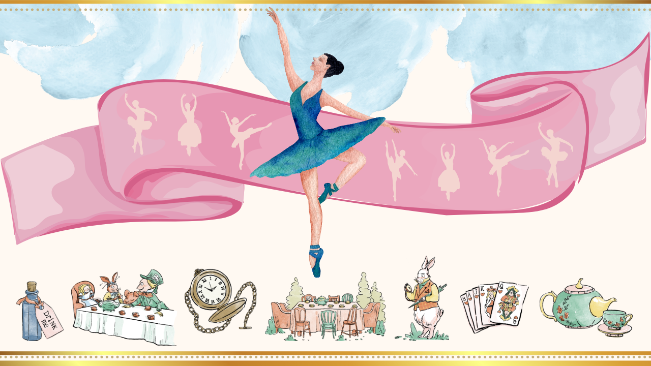 Painting of a ballerina with a pink banner in the background and characters from Alice In Wonderland.