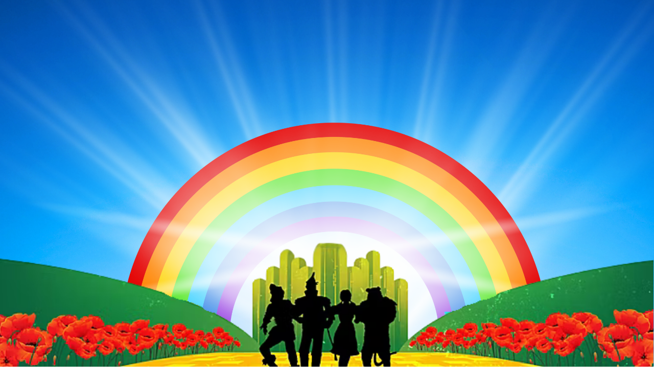Scarecrow, Tin Man, Dorothy, and Lion walk arm-in-arm along the yellow brick road toward the Emerald City, framed by a rainbow, hills and poppy fields.