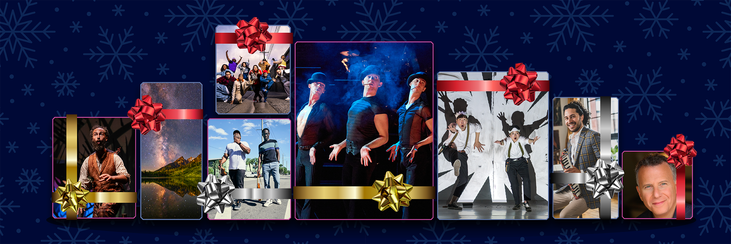 Images of various shows coming to The Lincoln Center wrapped up with Christmas bows on a dark blue snowflake background