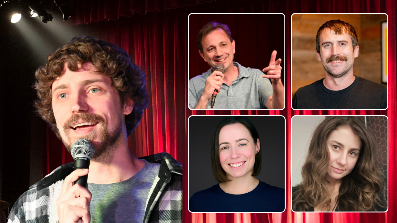 Group of head shots of comedians telling jokes with a curtain and stage in background.