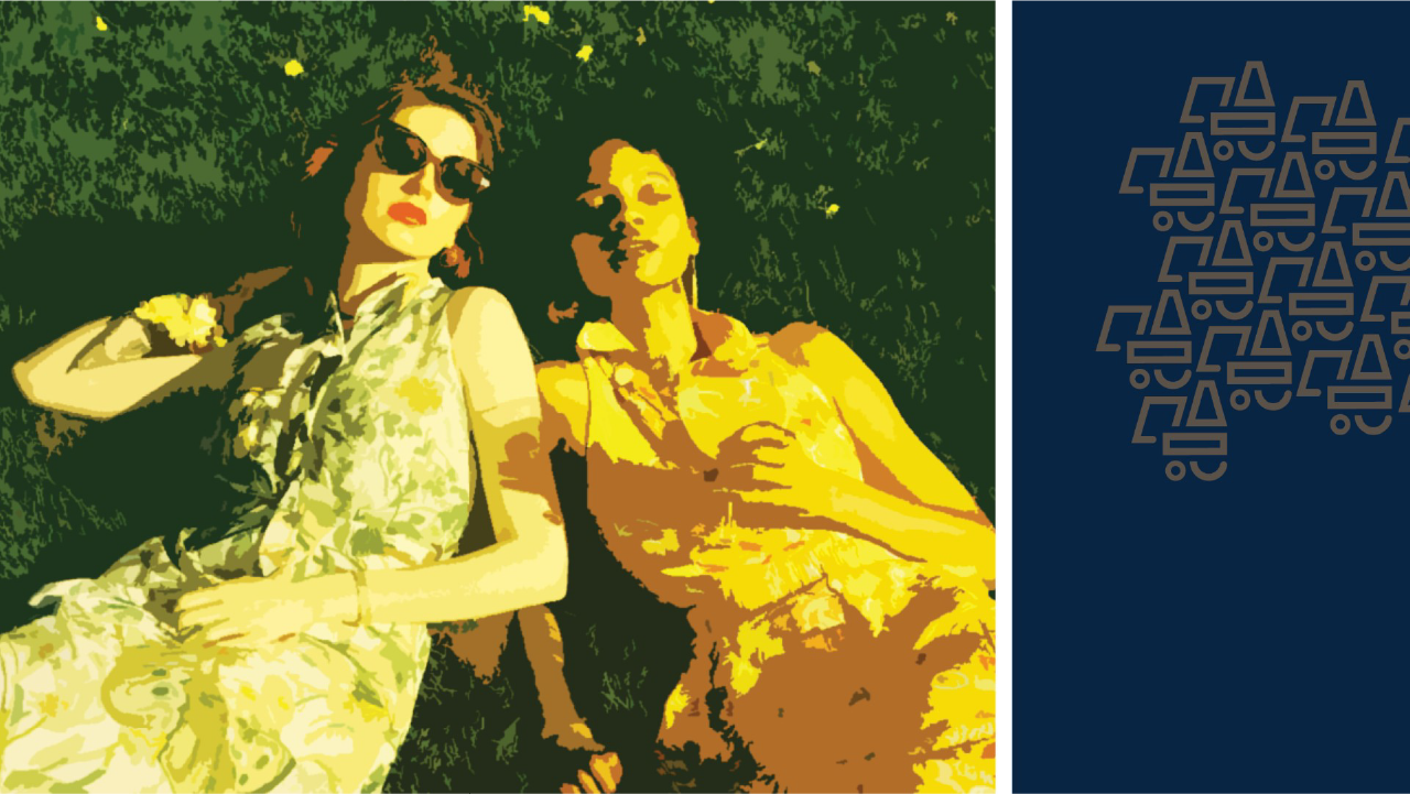 Two women in vintage dresses lounge on the grass under bright sun, their expressions calm and relaxed.