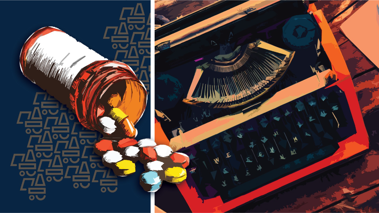 A tipped prescription bottle spills medication across a red typewriter