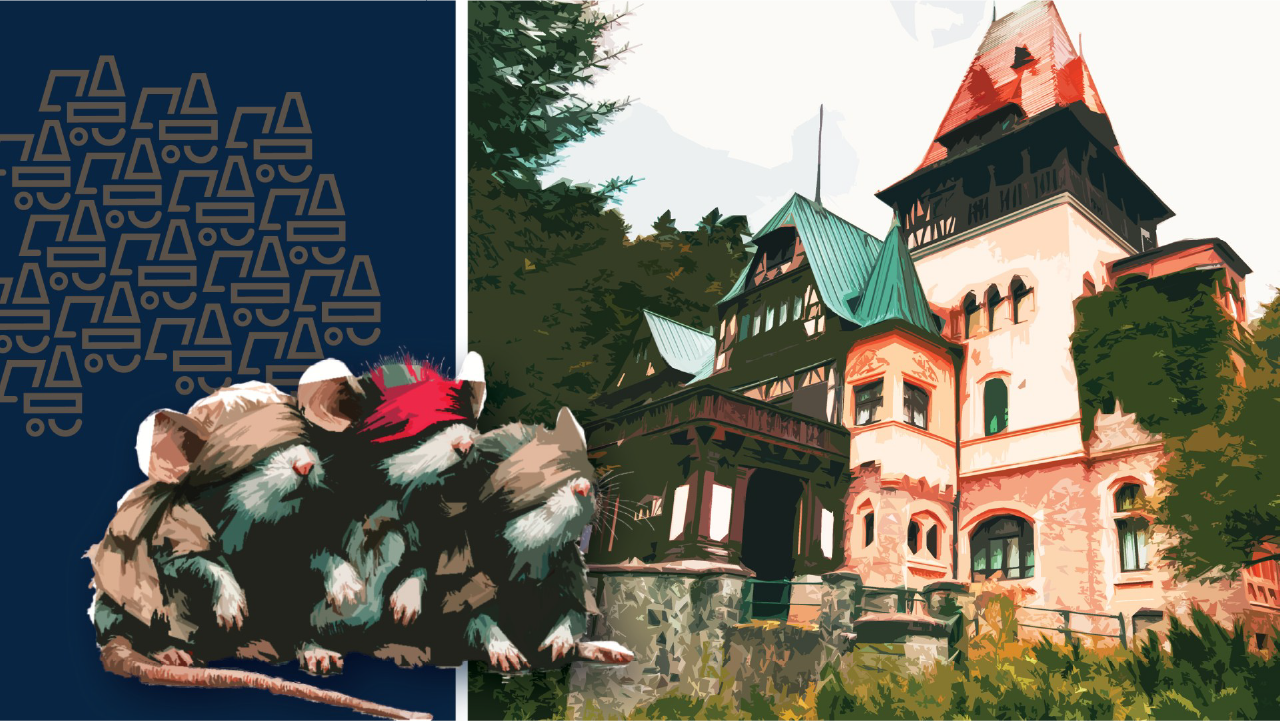 A group of four sleepy mice look at a castle-like mansion