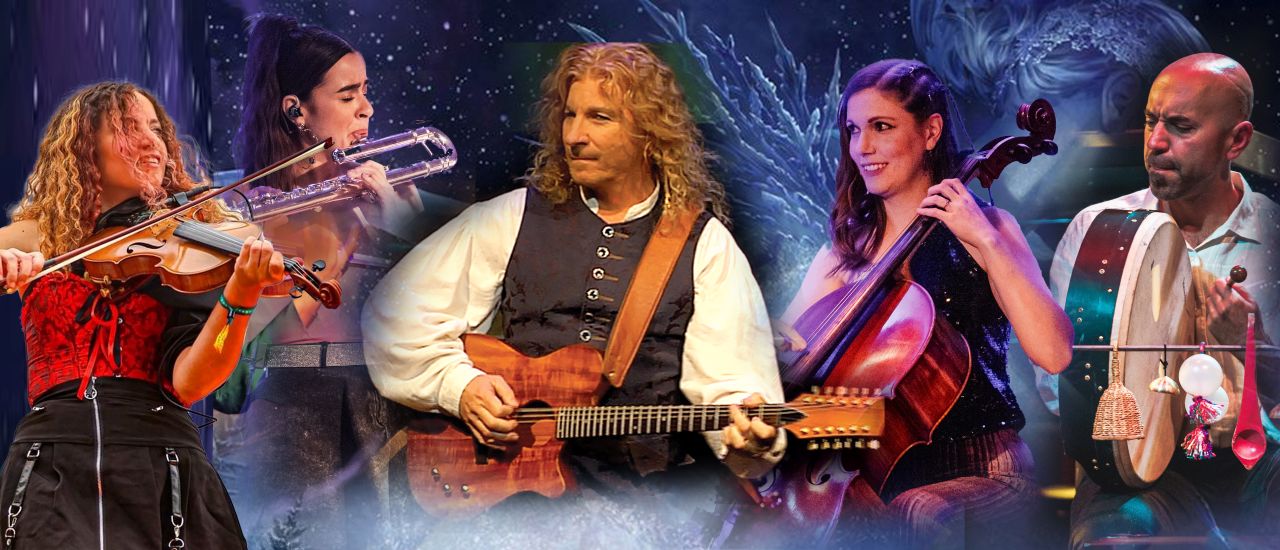 David Arkenstone plays guitar with other musicians playing their instruments around him.