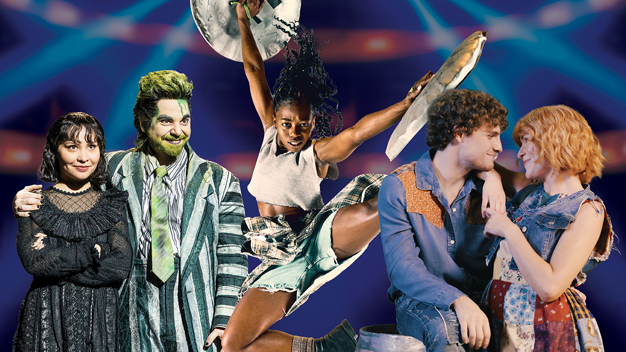 A graphic including images from 26-27 Showstopper shows Beetlejuice, STOMP and Shucked