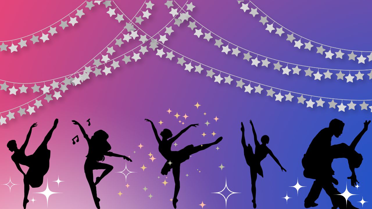 Silhouetted dancers in various positions underneath a string of stars