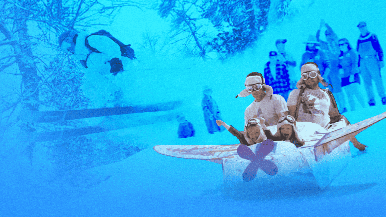 Photo of a family in a hand-made sled shaped like a plane, with other photos of skiers and bystanders in the background.