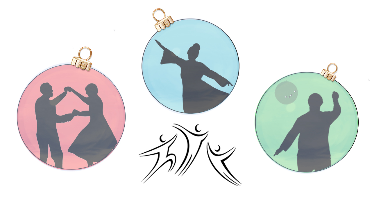 Three colorful round ornaments each with an image of dancers. The Dance Express logo of three dancers.