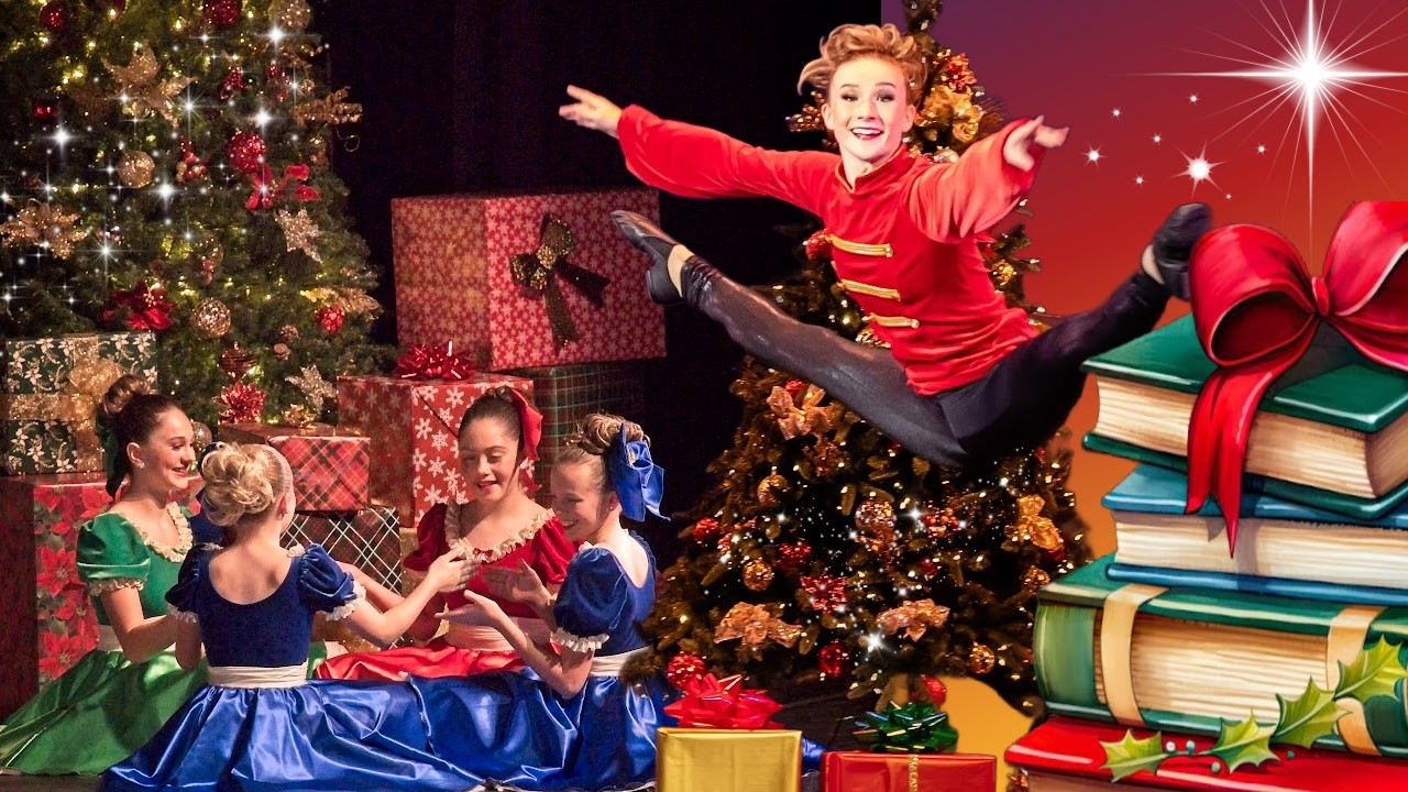 A collage of holiday imagery and young dancers performing ballet