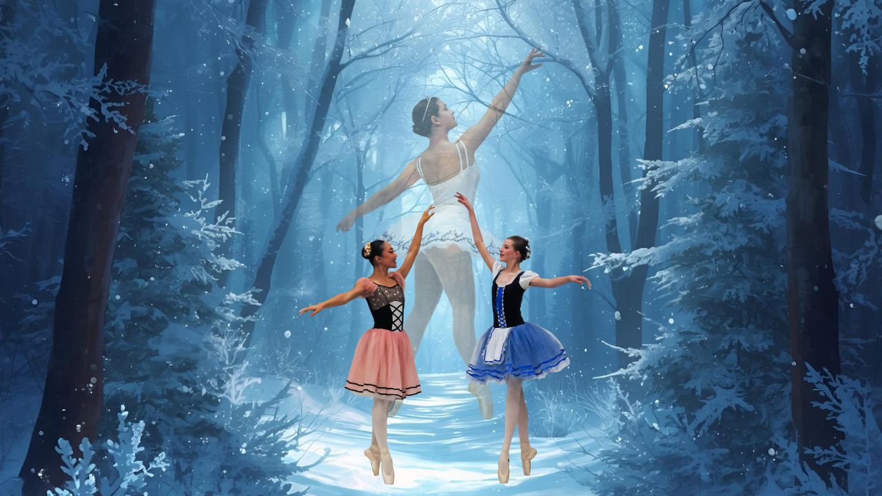 Three ballet dancers in costumes surrounded by trees covered in snow.