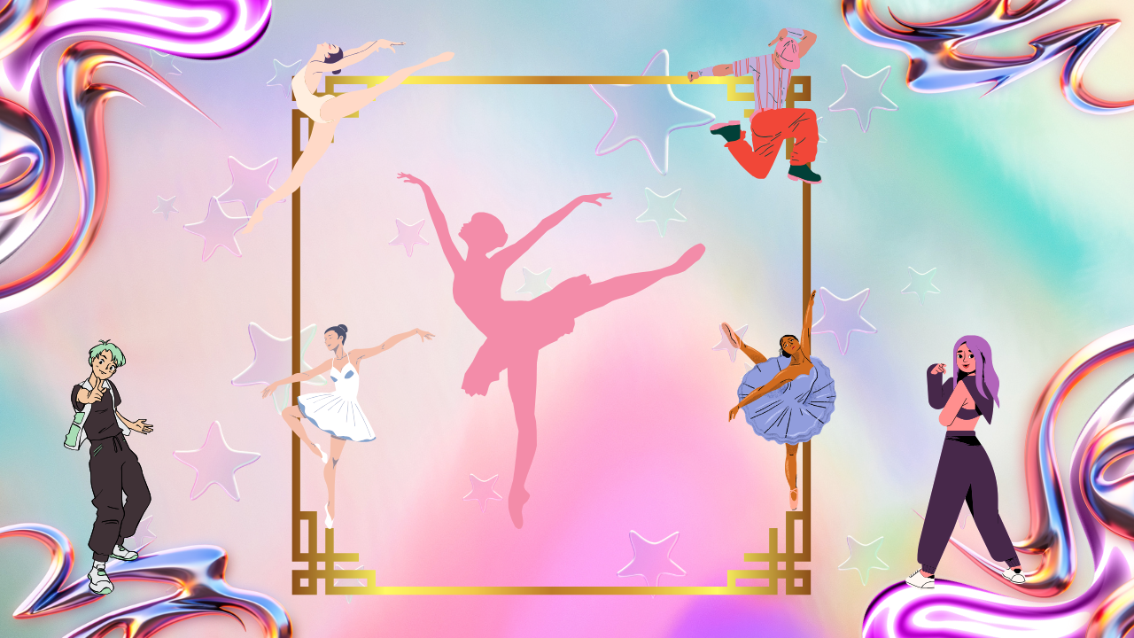 A vibrant group of ballet, jazz, hip hop, and lyrical dancers set against a whimsical background of colorful swirls and glowing stars.