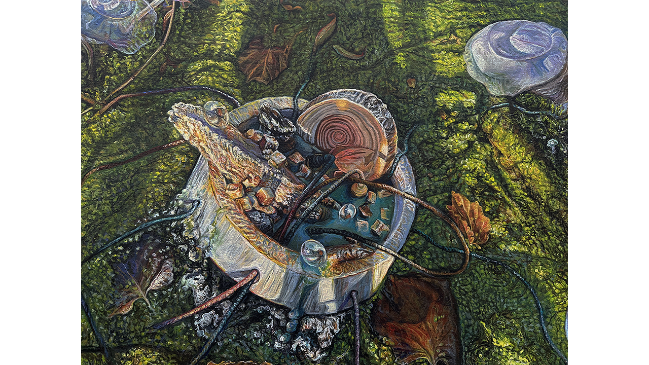 detail image of painting depicting a found object sculpture