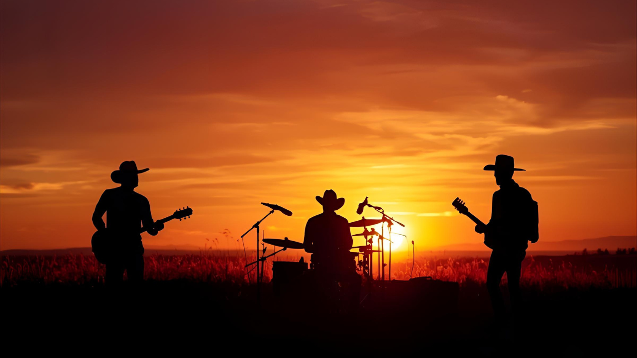Silhouette of Country Band in front of an orange sunset sky.