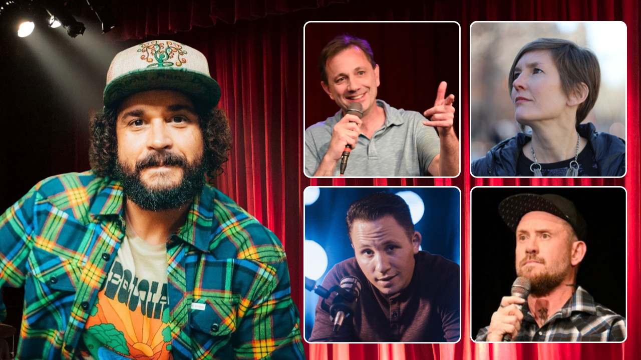 Headshots of comedians.