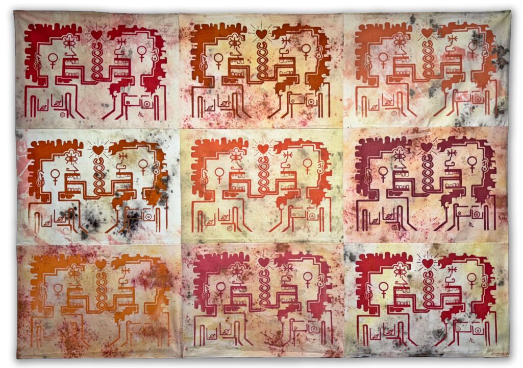 2nd place winning artwork. Print depicts 9 repeated images on a panel. The central motif in each panel is a symmetrical, bold graphic depicting two human-like figures facing each other in profile.