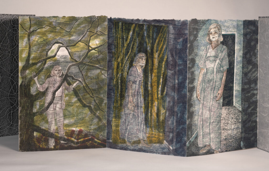 The piece spans four main panels, transitioning from a daytime forest scene on the left to a nighttime scene on the right. The overall setting is a dense, somewhat wild forest with numerous trees and undergrowth.