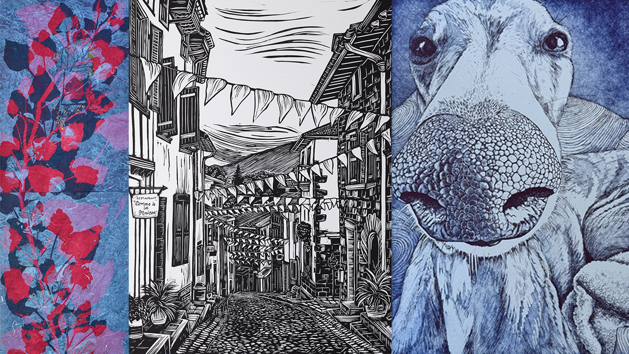 3 artworks. the first is an narrow abstract the middle image is a black and white print depicting a walk way through a village or market. The Third is a dog face with a big nose that appears to be coming very close to the viewer.