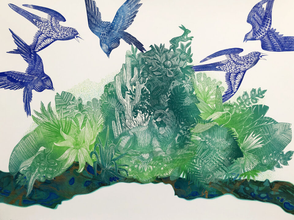 There are five birds, possibly falcons or swifts, rendered in a vibrant blue ink.