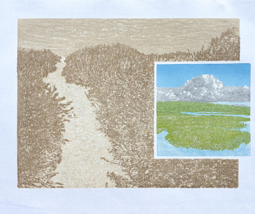 winner of 3rd place artwork. The artwork is rectangular and primarily consists of a large, monochromatic section in shades of tan and brown, covering most of the frame. Overlaid on the right side of this larger scene is a smaller, rectangular inset that is in full color.