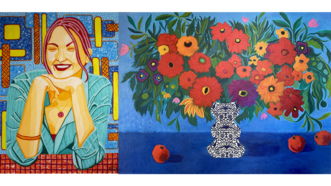 artistic rendering of a woman smiling on left and a vase of flowers on the right