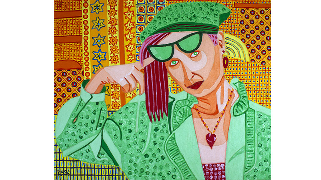 Brightly colored painting of a woman wearing a hat and sunglasses