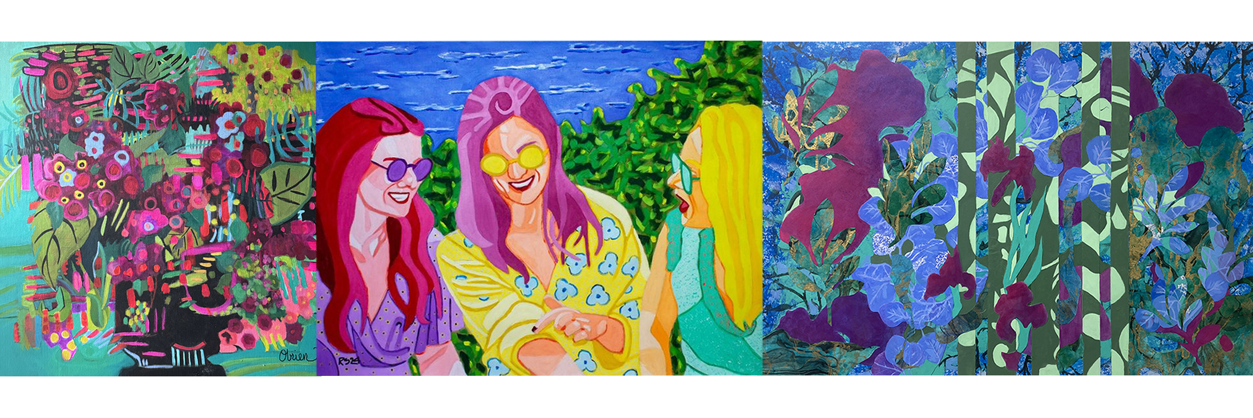 3 artworks from artists in the exhibit. left image is a vase of flowers. image 2 is a portrait of 3 women talking and laughing, image 3 is an abstract painting of flowers.